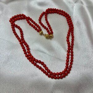 Vintage red  Coral double strand 4.5mm necklace with 18k yellow gold  clasp.